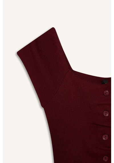 Defacto Fitted Kare Yaka Büzgü Detaylı Kısa Kollu Kazak G0986ax25aubr2 Bordo