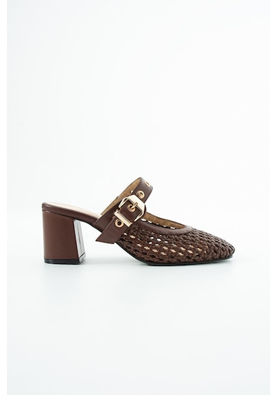 Dericia Shoes Aveline Hakiki Deri Kadın Örgülü Kalın Topuklu Terlik Kahverengi