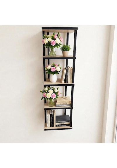 Modern 5 Bölmeli Köşe Rafı - Dekortif Duvar Rafı - 100 Cm Safir Meşe