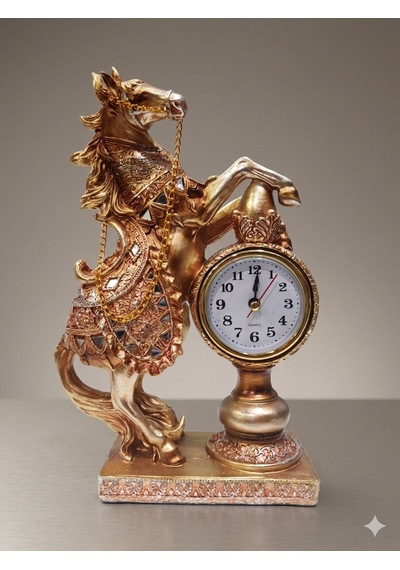 Dekoratif Sevgiliye Babaya Yöneticiye Özel Lüks Hediye At Heykeli Ev Ofis Masaüstü Saati 25x16 Cm Gold