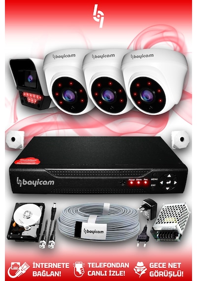 Bayicam 4 Kameralı Süper 3 İç Kamera Set 320 GB 5 MP 2K Net Gece Görüşlü Güvenlik Kamerası Sistemi