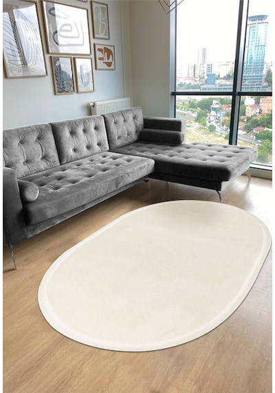 Valeryhome Vl Comfort Düz Saçaklı Peluş Düz Yolluk Ekru Oval Ekru Düz Saçak