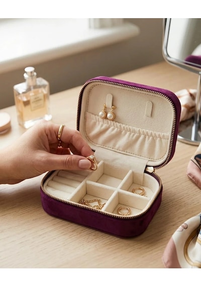 Takı Kutusu Düzenleyici Seyahat Çantası Kolye Yüzük Küpe Organizer Kadife Mor 12cmx8cm