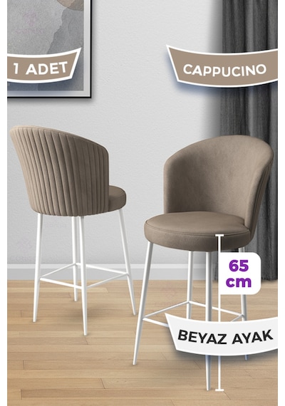 Canisa Alte Serisi 1 Adet 65 Cm Cappucino Ada Mutfak Bar Sandalyesi Babyface Kumaş Beyaz Metal Ayaklı Cappucino Sandalye Beyaz Ayak
