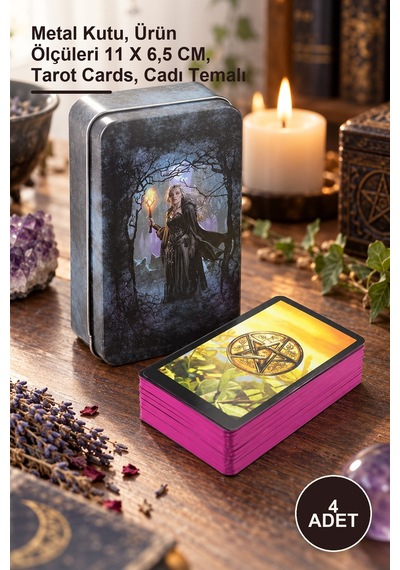4 Adet Witches Cadı Metal Kutulu Tarot Kartı Metal Kutu, Ürün Ölçüleri 11 X 6,5 Cm, Tarot Cards, Cadı Temalı