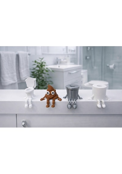 3dprototürk 4'lü Eğlenceli Banyo Dekoratif Figür Seti /tuvalet Kağıdı, Kaka Emojisi, Çöp Kovası, Klozet Aksesua