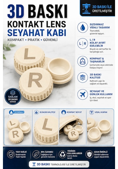 3d Baskı Kontakt Lens Saklama Ve Seyahat Kabı L/r Vidalı Kapak