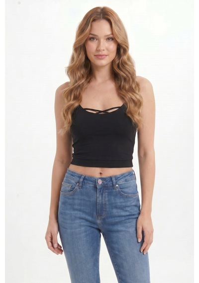Tudors Kadın Slim Fit Dar Kesim Pamuklu İnce Askılı Siyah Crop Atlet-51094