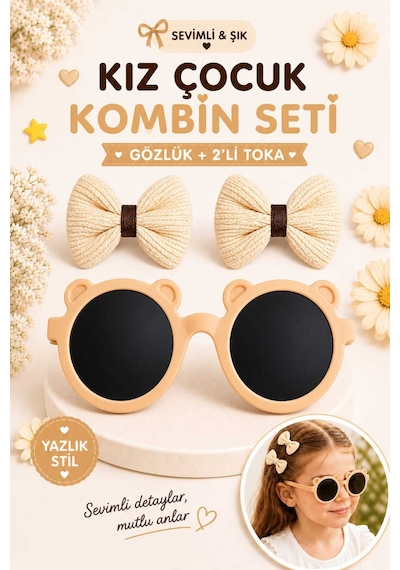 Kız Çocuk Kombin Seti Gözlük + 2 Li Toka Hafif, Şık Ve Yazlık Stil Bej