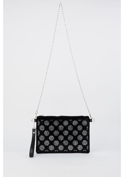 Vivaq Kadın Puantiyeli Gümüş Taşlı Süet Bilek Askılı Ve Zincir Askılı Portföy Ve Clutch Çanta SİYAH