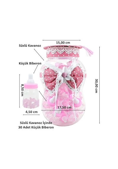 Süslü Büyük Kavanoz ve Biberon Seti. 30 Adet. Pembe