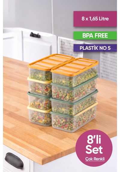 Vinoa 8'li 8x1.65 Litre Bpa Free Mikrodalga Ve Difrize Uygun Yıkanabilir Saklama Kabı Çok Renkli