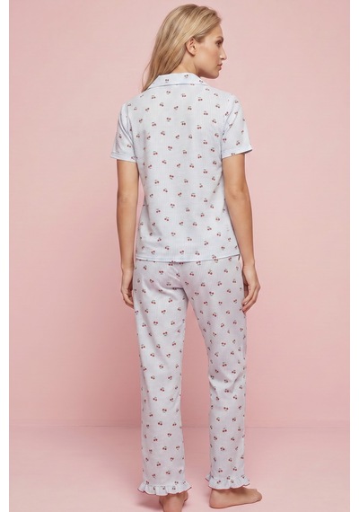 Siyah İnci İnce Soft Örme Mevsimlik Düğmeli Pijama Takımı 8043 mavi