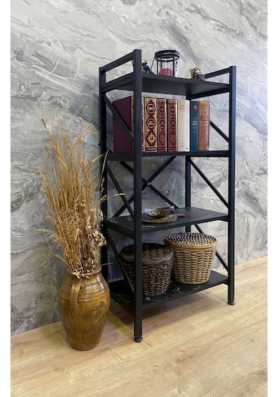 Demo Tanraf Mira Lüx Black 4 Raflı Kitaplık Dekoratif Raf 120X60 Cm. E