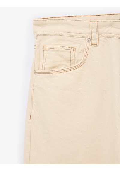 Koton Normal Bel Pamuklu Cepli Rahat Kalıp Barrel Fit Jean Pantolon Ekru 7wam40154nd