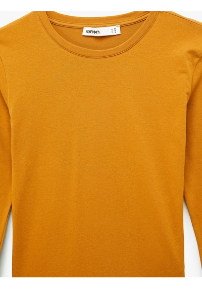 Koton Slim Fit Pamuklu Uzun Kollu Bisiklet Yaka Tişört Deve Tüyü 6sak50269ek Taba