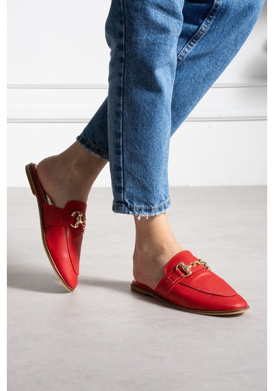 Shoetek Loive Kadın Terlik Önden Tokalı Kırmızı Deri Kırmızı