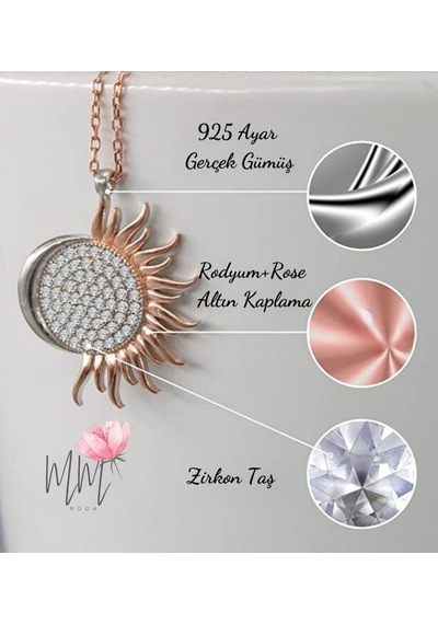 Madam&Matmazel Sevgililer Günü Hediyesi 925 Ayar Gümüş Güneş Ve Ay Kadın Kolye Rose