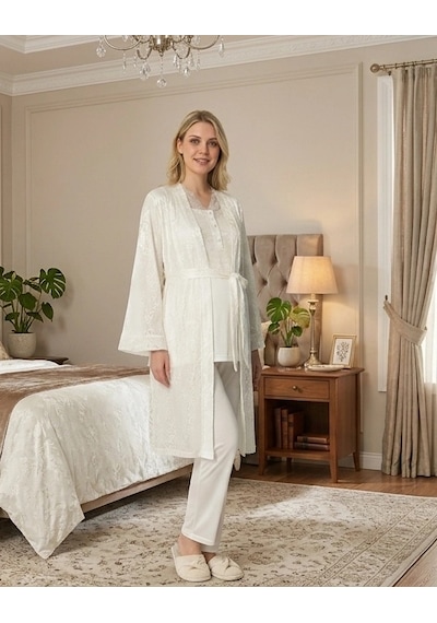 Kocabey 6201 Kadın Jakar Saten Sabahlıklı Lohusa Pijama Takımı