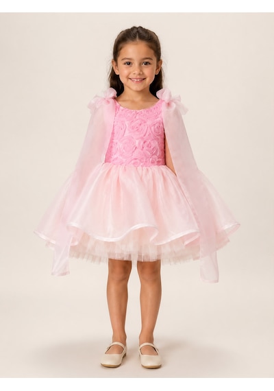 Star Kids Fashion Kız Çocuk Pembe Prenses Elbisesi Gül Detaylı Kabarık Tül Etek Omuzdan Tül Doğum Günü Özel Gün Abiye