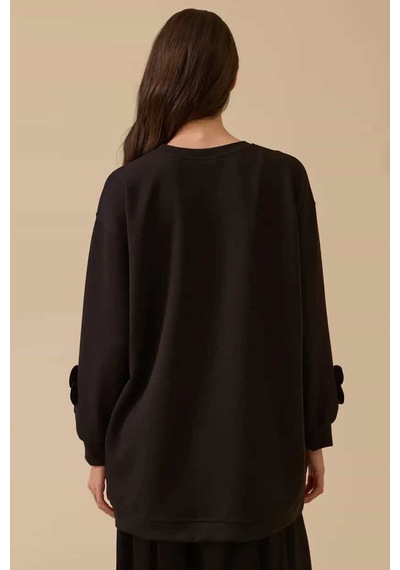 Kadın Çiçek Detaylı Cepli Sweatshirt - Siyah Siyah