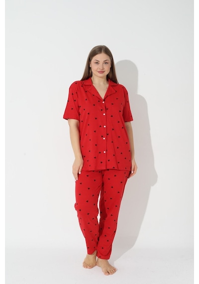 Siyah İnci Curve Büyük Beden Battal Boy Kısa Kollu Düğmeli Pamuklu Pijama Takımı Kırmızı Siyah İnci Curve Büyük Beden Battal Boy Kısa Kollu Düğmeli Pamuklu Pijama Takımı Kırmızı