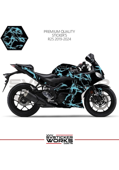 Yamaha R25 2019-2024 Kaplama Sticker Şimşek Yıldırım Motor Kaplama Modeli Hazır Kit 2019 / 2023 Uyumlu Mavi