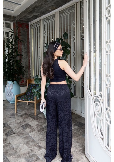 Kechi Woman Leopar Desenli Saten Pantolon Siyah