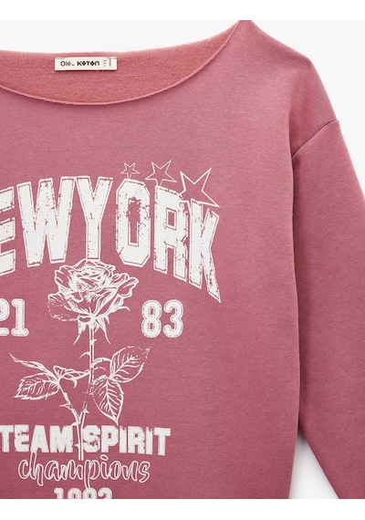 Koton Rahat Kalıp Şardonlu Uzun Kollu Geniş Yuvarlak Yaka Baskılı Sweatshirt Pembe 6wal10668ık Gülkurusu