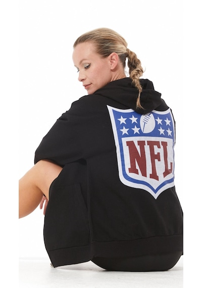 Siyah Kanguru Cep Nfl Baskılı Fermuarlı Sweatshirt Siyah