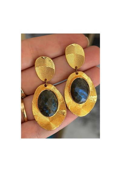 Vıp Doğal Labradorit Model Vintage Tasarım Küpe Altın
