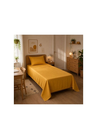 Tek Kişilik Çarşaf Seti %100 Pamuk 160x240 Cm Hardal Yastık Kılıfı Dahil