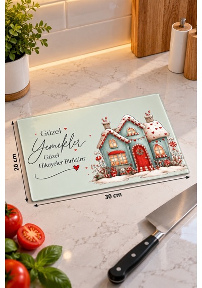 Gökçeoğlu Cam Kesme Tahtası Gingerbread Ev Yılbaşı Temalı - Cam Kesme Tablası 20cm X 30cm Çok Renkli
