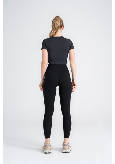Kadın Antrasit Crop T-shirt Kısa Kollu, Bisiklet Yaka, Tüylenme Siyah