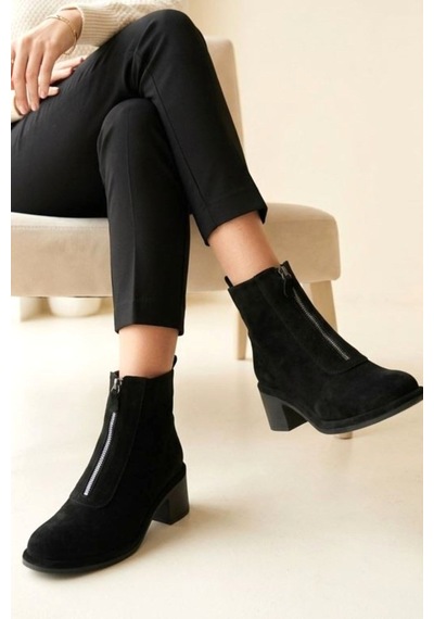 Fox Shoes Z555671002 Siyah Hakiki Deri Süet Kalın Topuklu Kadın Bot