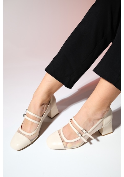 Luvishoes Scots Krem Kadın Kalın Topuklu Ayakkabı Krem