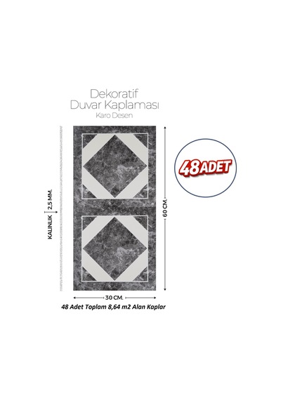 30x60 Cm Kendinden Yapışkanlı Duvar,banyo,tezgah Arası Karo Desen-48 Adet 1009-48