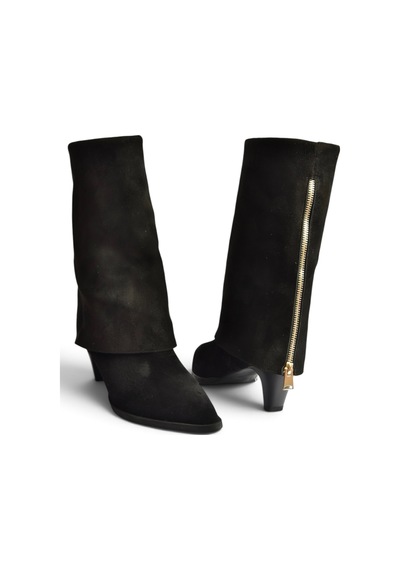 Fox Shoes Z820484202 Siyah Süet Kalın Topuklu Foldover Bot