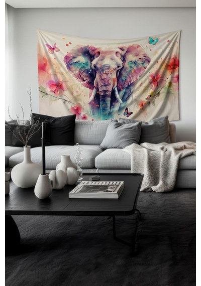Renkli Fil Ve Çiçekler Desenli Duvar Halısı Duvar Örtüsü Tapestry Süet Dokulu Kumaş