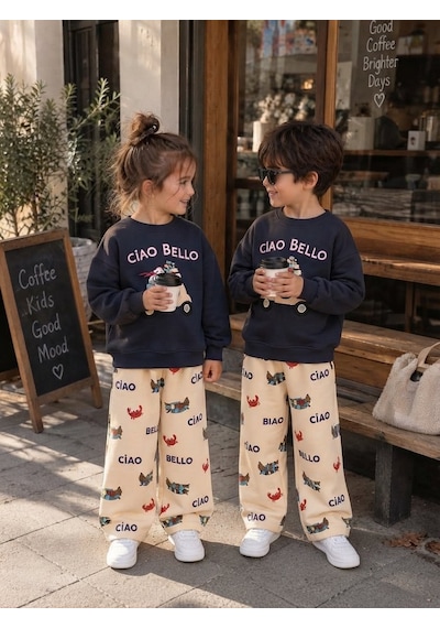 Ciao Bello Baskılı Lacivert Sweatshirt Ve Desenli Eşofman Altı Unisex 3ip Alt Üst Takım Ciao Bello Baskılı Lacivert Sweatshirt Ve Desenli Eşofman Altı Unisex 3ip Alt Üst Takım