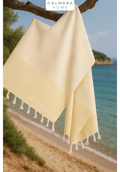 Calmera Çizgili Peştemal Pamuk - Doğal Saçaklı Plaj, Deniz, Havuz, Spa, Sauna, Spor, Seyahat Havlu - Sarı