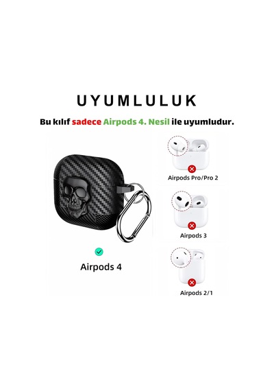 Airpods 4. Nesil Ve Airpods 5. Nesil Uyumlu Karbon Fiber Hybrid Polymer Technology 3d Kuru Kafa Tasarımlı Güvenlik Kilitli Premium Kulaklık Kılıfı Kuru Kafa