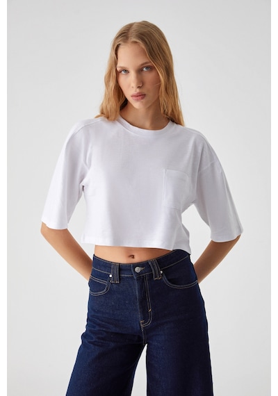 ETHIQUET QEFKOP Kadın %100 Pamuk Bisiklet Yaka Oversize Beyaz T-Shirt