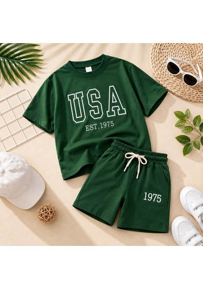 Erkek Çocuk Slogan Yazı Nakışlı T-shirt - Şort Alt Üst Takım Yeşil