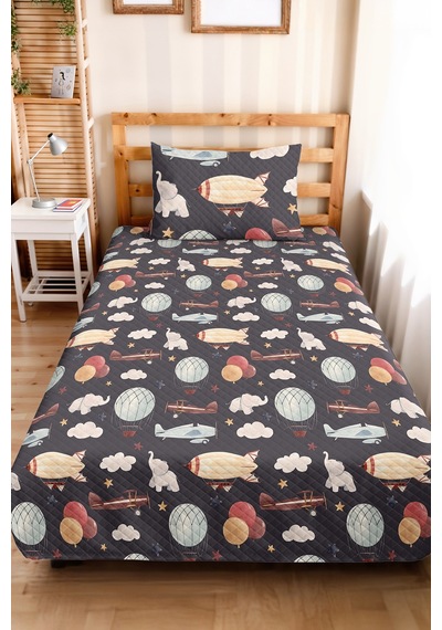 Evimde Bambaşka Uçak Balon Lacivert Çocuk Odası Tek Kişilik Pike Takımı - Bulutlu Retro 160x220  CM Yatak Örtüsü