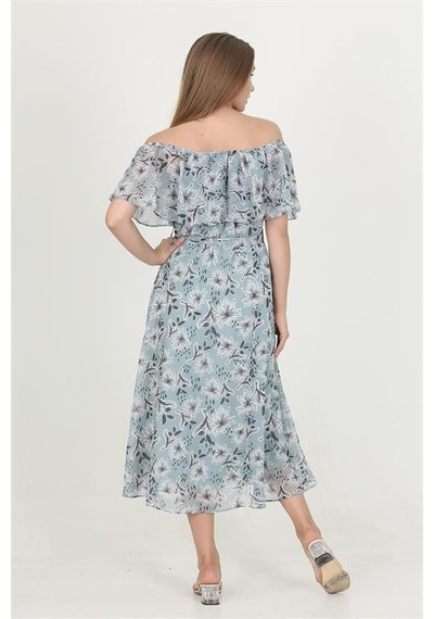 Neşeli Butik Kadın Madonna Yaka Kuşaklı Desenli Şifon Elbise Ry10037 Mint