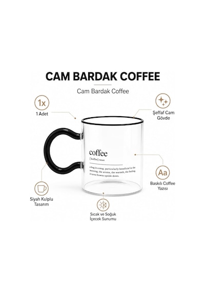 Coffee Yazılı Cam Kupa, Siyah Kulplu Şeffaf Kahve Bardağı, Çay Latte Ve Sıcak Soğuk İçecekler İçin Modern Cam Bardak 6998