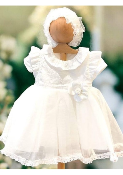 Cantoy Kız Bebek Şapka Detaylı Çiçekli Abiye Elbise-15305 Beyaz