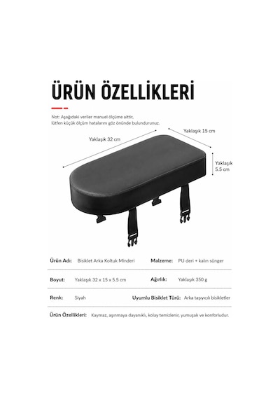 Valkyrie Bisiklet Arka Koltuk Minderi Sele Yastığı Kalın Sünger Hızlı Tokalı Arka Bagaj Sele Minderi Siyah