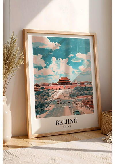 Beijing China Vintage Seyahat Posteri Çerçeveli Tablo - Premium Çin Mimarisi Elit Duvar Dekoru Kayın